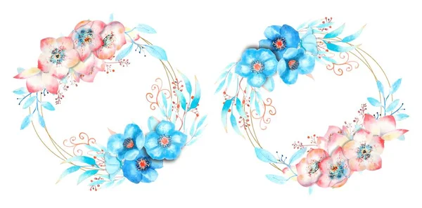 2 Geometrikus keret kék és rózsaszín hellebore virágokkal, rügyekkel, levelekkel, dekoratív ágakkal fehér, elszigetelt háttérrel. Csokor felül és alul. Vektorillusztráció. — Stock Vector