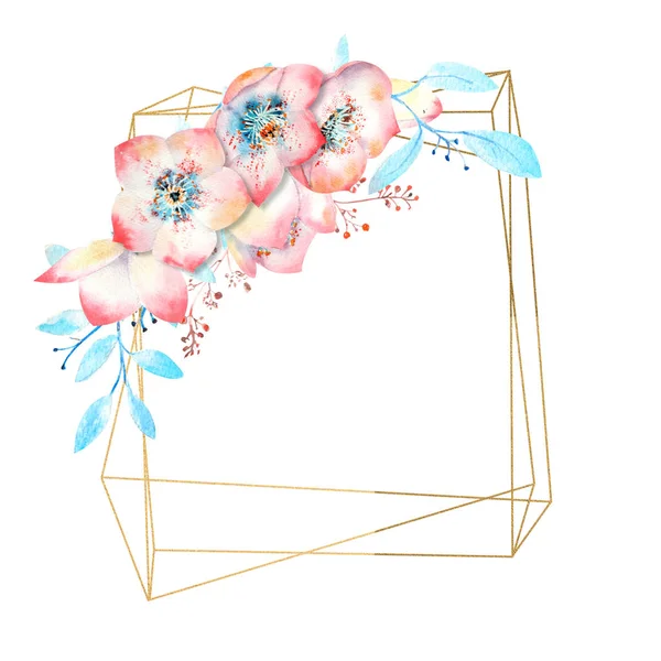 Ροζ ελλέβορα λουλούδια σε χρυσό πολυγωνικό πλαίσιο σε λευκό απομονωμένο φόντο. Υδατοχρωματικές συνθέσεις για διακόσμηση ευχετήριων καρτών ή προσκλήσεων — Φωτογραφία Αρχείου