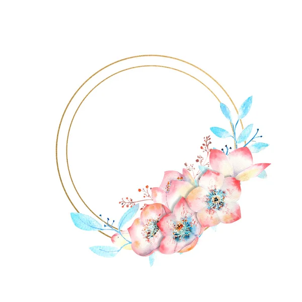 粉红色的螺旋带着圆圆的金黄色花朵,背景是白色孤立的. 贺卡或邀请函装饰用水彩画. — 图库照片