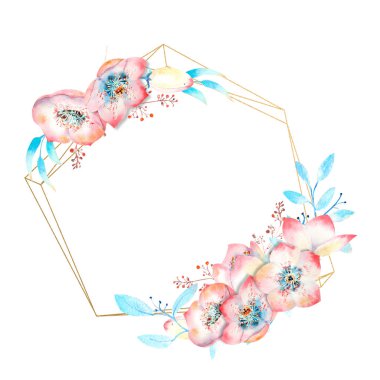 Beyaz yalıtılmış bir arka planda altın renkli çokgen bir çerçeve üzerinde pembe çınar çiçekleri. Tebrik kartları veya davetiyelerin dekorasyonu için suluboya kompozisyonları