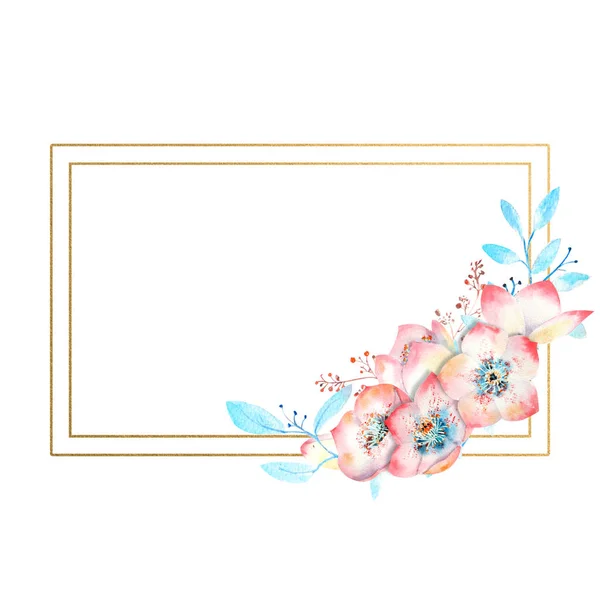 Beyaz yalıtılmış arka planda, dikdörtgen şeklinde, altın rengi pembe çiçekler. Tebrik kartları veya davetiyelerin dekorasyonu için suluboya kompozisyonları. — Stok fotoğraf
