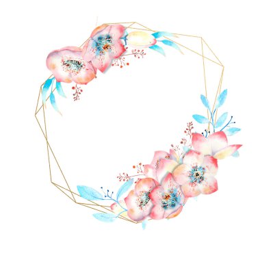 Beyaz izole bir zemin üzerinde geometrik bir çokgen üzerinde pembe karadelik çiçekleri. Tebrik kartları veya davetiyelerin dekorasyonu için suluboya kompozisyonları.