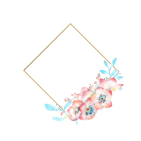 ピンクのらせん状の花は、白い孤立した背景にダイヤモンド状の黄金の形をしています。グリーティングカード又は招待状の装飾のための水彩画. — ストック写真