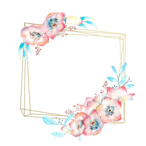 Rosafarbene Blüten auf einem goldenen polygonalen Rahmen auf weißem, isoliertem Hintergrund. Aquarellkompositionen zur Dekoration von Grußkarten oder Einladungen — Stockfoto