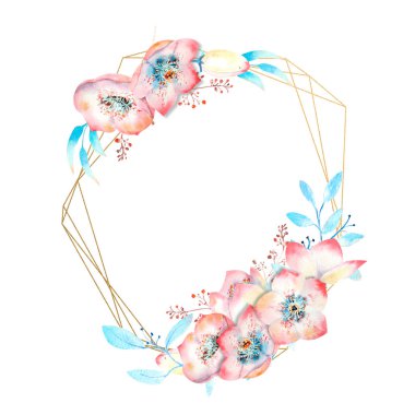 Beyaz izole bir zemin üzerinde geometrik bir çokgen üzerinde pembe karadelik çiçekleri. Tebrik kartları veya davetiyelerin dekorasyonu için suluboya kompozisyonları.