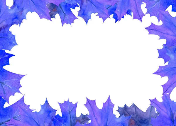 Frame with blue leaves on white isolated background . Horizontal frame orientation . Watercolor compositions for the design of greeting cards or invitations. — 스톡 사진