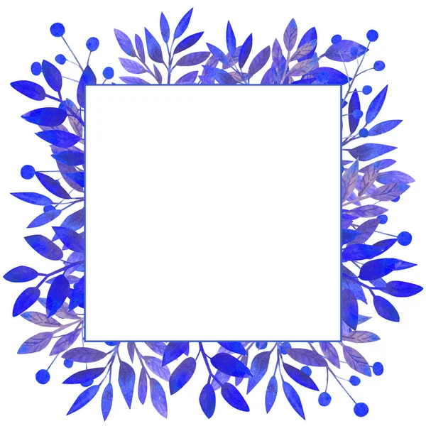 Square frame with blue leaves on white isolated background . Watercolor illustration. — 스톡 사진