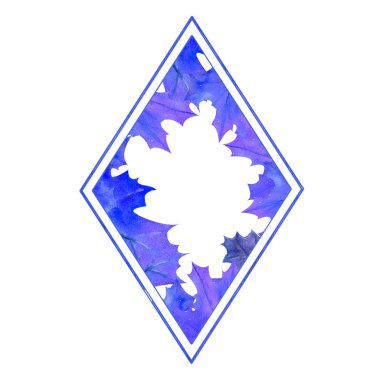 Beyaz izole edilmiş arka planda mavi yapraklı elmas şekilli çerçeve. Suluboya çizimi.