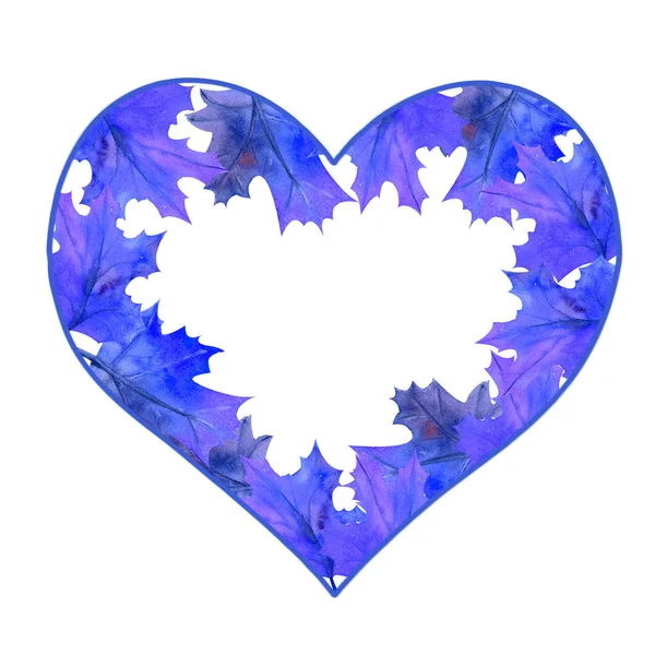 Frame in the shape of a heart withblue leaves on white isolated background . Watercolor illustration. — 스톡 사진