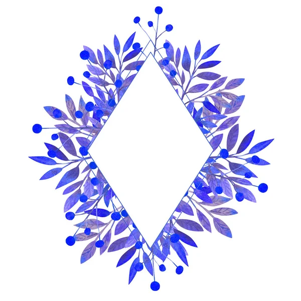 Diamantförmiger Rahmen mit blauen Blättern auf weißem Hintergrund. Aquarellillustration. — Stockfoto
