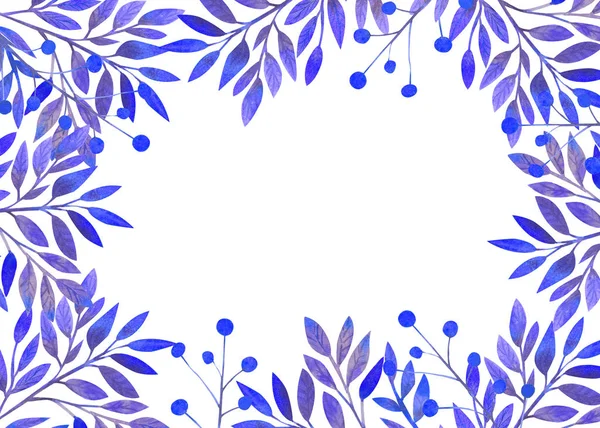 Frame with blue leaves on white isolated background . Horizontal frame orientation . Watercolor compositions for the design of greeting cards or invitations. — 스톡 사진