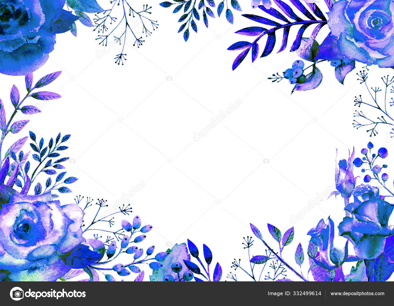 Quadro emoldurado com flores de rosa azul. Cartaz de flores, convite.  Composições aquarela para a decoração de cartões de felicitações ou  convites. Orientação horizontal Ilustração de ©Natika_art #332499614, image size:1600x1242