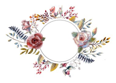 Kırmızı, pembe suluboya güller, çiçekler, beyaz izole arkaplanda yuvarlak çerçeveli böğürtlenler. Parlak çiçekler, yapraklar, selamlar için, Duvar kağıdı, moda, arka plan, doku, ambalaj. Vektör