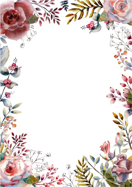 Red, pink watercolor roses, flowers, berries in a vertical orientation frame on a white isolated background. Bright flowers, leaves, for wedding greetings, Wallpaper, fashion, background, texture, pac — 스톡 벡터