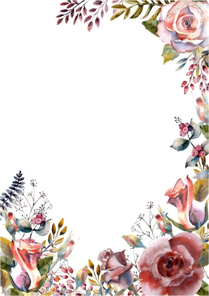 Red, pink watercolor roses, flowers, berries in a vertical orientation frame on a white isolated background. Bright flowers, leaves, for wedding greetings, Wallpaper, fashion, background, texture, pac — 스톡 벡터