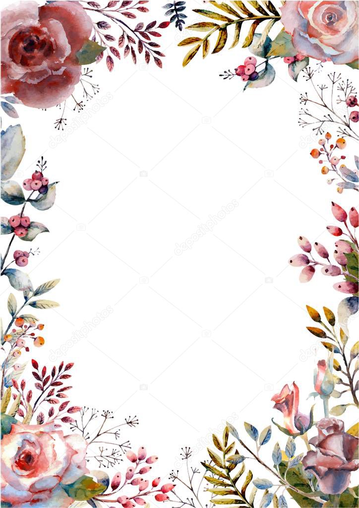 Red, pink watercolor roses, flowers, berries in a vertical orientation frame on a white isolated background. Bright flowers, leaves, for wedding greetings, Wallpaper, fashion, background, texture, pac