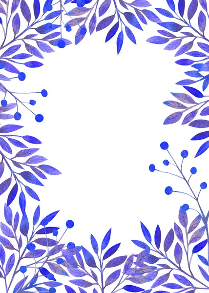 Frame withblue leaves on white isolated background . Vertical frame orientation . Watercolor compositions for the design of greeting cards or invitations. Vertical orientation. — Stock Photo, Image