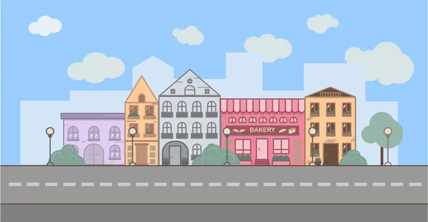City street with houses, a bakery in a cartoon style. Front line. Vector illustration — 스톡 벡터