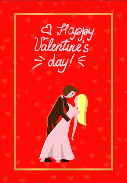 Postal con una foto de una pareja bailando y la inscripción feliz día de San Valentín sobre un fondo rojo. Ilustración vectorial. Caricatura — Archivo Imágenes Vectoriales