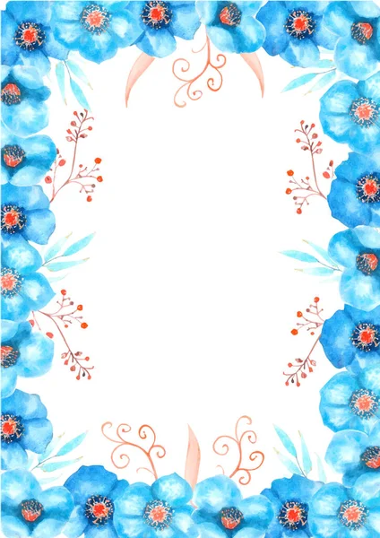 꽃무늬 워터 컬러 삽화가 있는 틀. 파란색 헬레 보레 꽃, 결혼식 문구, 인사말, 패션, 배경, 질감, 포장을 위한 흰색 외진 배경에 장식적 인 잔가지. — 스톡 벡터