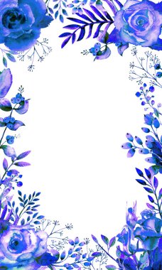 Mavi gül çiçekleriyle çerçevelenmiş. Çiçek posteri, davetiye. Tebrik kartı ya da davetiye dekorasyonu için suluboya kompozisyonlar. Dikey yönelim