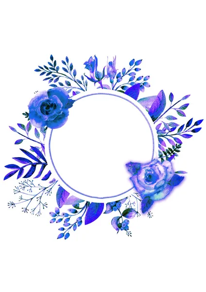 Ramka oprawiona niebieskimi kwiatami róż. Plakat z kwiatami, zaproszenie. Kompozycje akwarelowe do dekoracji kart okolicznościowych lub zaproszeń. orientacja — Zdjęcie stockowe