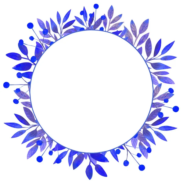 Round frame with blue leaves on white isolated . Watercolor illustration. Round frame