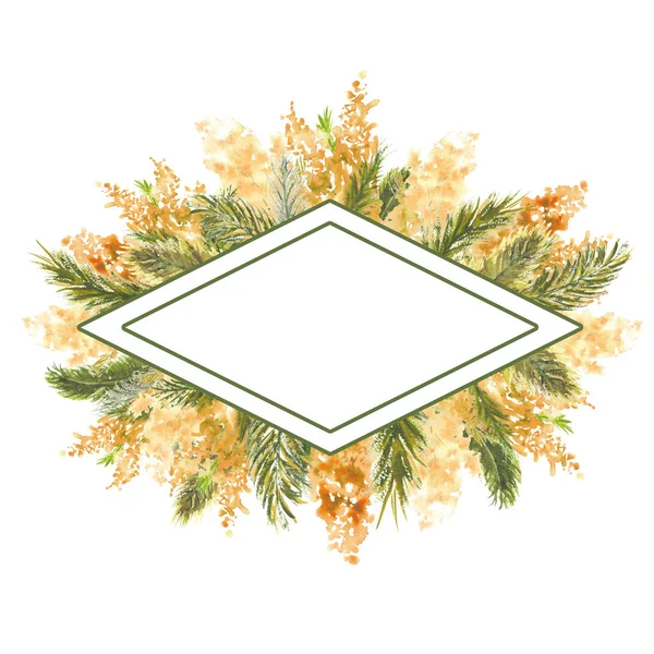 Geometrischer diamantförmiger Rahmen mit Mimosenzweigen am äußeren Rand auf weißem, isoliertem Hintergrund. Aquarellillustration. — Stockfoto