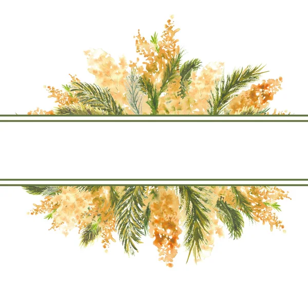 Geometrischer Rahmen mit Mimosenzweigen am äußeren Rand auf weißem, isoliertem Hintergrund. Aquarellillustration. — Stockfoto