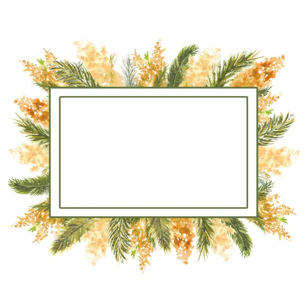 Geometric rectangular frame with Mimosa branches on the outer edge on a white isolated background. Watercolor illustration. — Stock Photo, Image