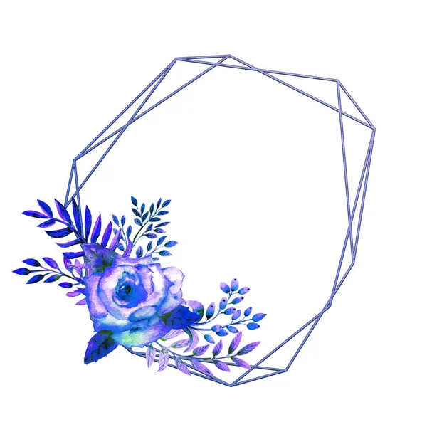 El marco geométrico está enmarcado con flores de rosa azul sobre un fondo blanco aislado. Cartel de flores, invitación. Composiciones de acuarela para la decoración de tarjetas de felicitación o invitaciones . — Foto de Stock