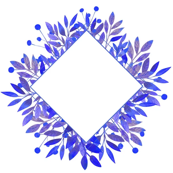 白い孤立した背景に青い葉を持つダイヤモンド型のフレーム。水彩イラスト。ダイヤモンド型のフレーム. — ストック写真