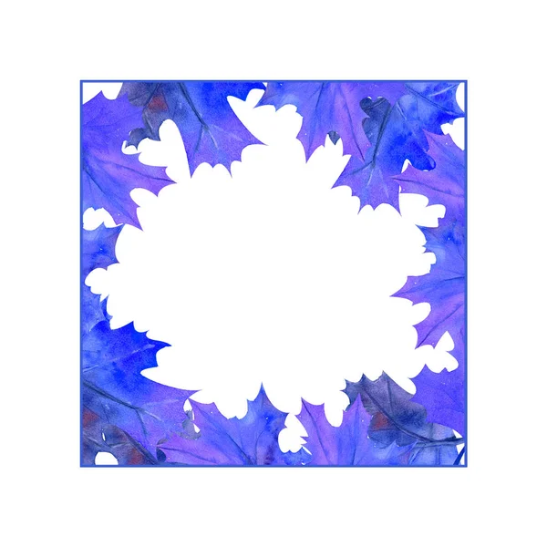 Square frame with blue leaves on white isolated background . Watercolor illustration. — 스톡 사진