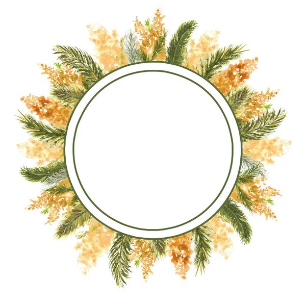 Geometric frame with Mimosa branches on the outer edge on a white isolated background. Watercolor illustration. — 스톡 사진