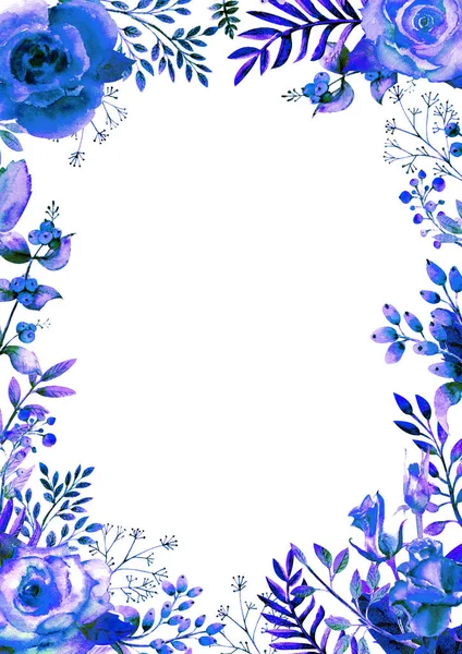 Frame framed with blue rose flowers. Flower poster, invitation. Watercolor compositions for the decoration of greeting cards or invitations. Vertical orientation — 스톡 사진