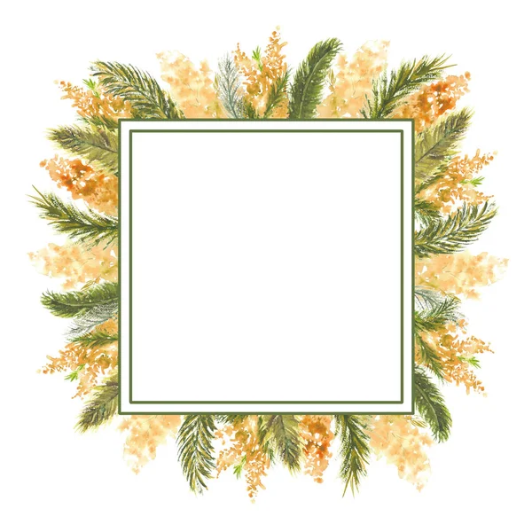 Geometrischer quadratischer Rahmen mit Mimosenzweigen am äußeren Rand auf weißem, isoliertem Hintergrund. Aquarellillustration. — Stockfoto