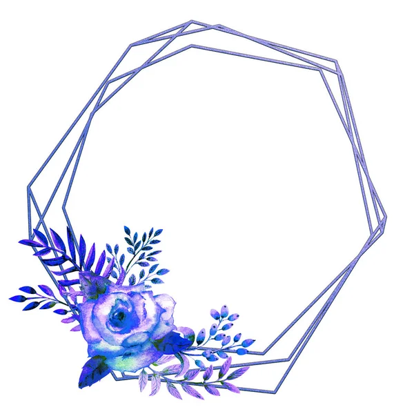 Geometryczna rama jest oprawiona w kwiaty niebieskiej róży na białym, odizolowanym tle. Plakat z kwiatami, zaproszenie. Kompozycje akwarelowe do dekoracji kartek okolicznościowych lub zaproszeń. — Zdjęcie stockowe