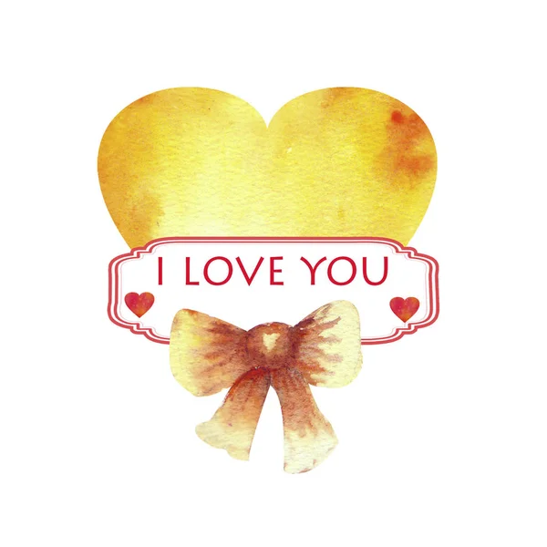 A heart-shaped greeting card with the words I love you and a bow. Watercolor illustration — 스톡 사진