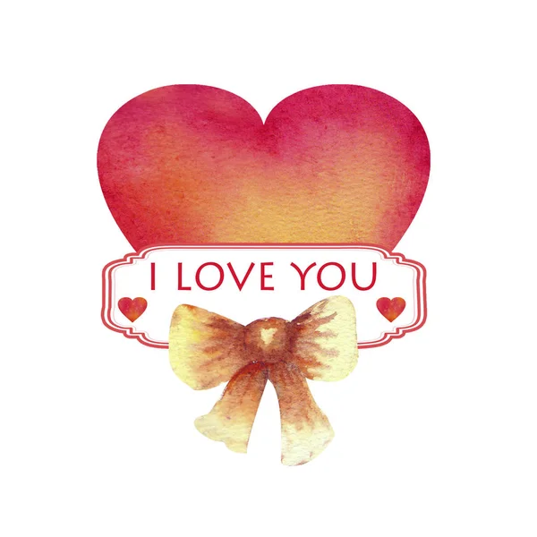 A heart-shaped greeting card with the words I love you and a bow. Watercolor illustration