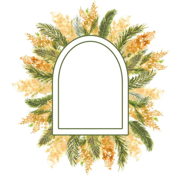 Ein geometrischer Rahmen in Form eines Fensters mit Mimosazweigen am äußeren Rand auf weißem, isoliertem Hintergrund. Aquarellillustration. — Stockfoto