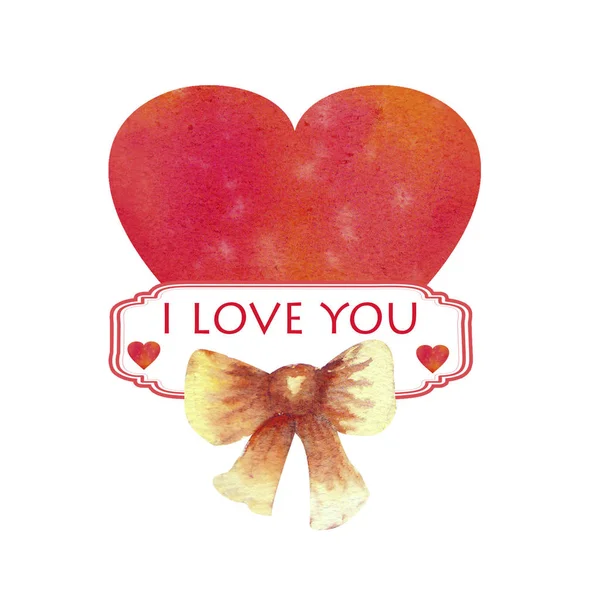 Ett hjärtformat gratulationskort med orden jag älskar dig och en båge. Akvarell illustration — Stockfoto