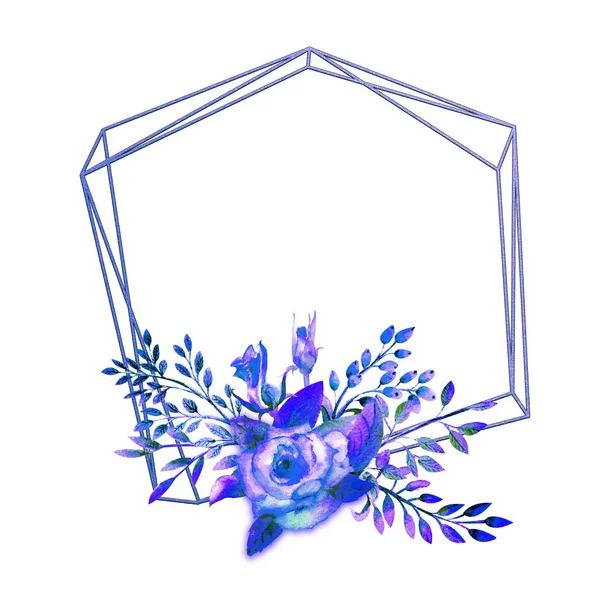 Le cadre géométrique est encadré de fleurs roses bleues sur un fond isolé blanc. Affiche de fleurs, invitation. Compositions aquarelles pour la décoration de cartes de vœux ou d'invitations . — Photo