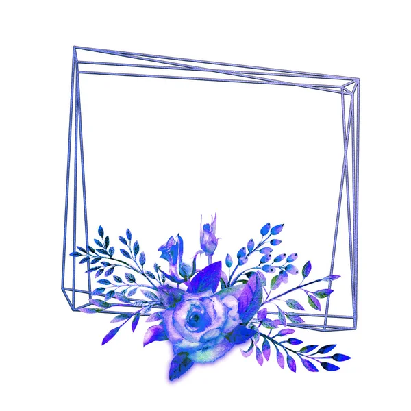 Le cadre géométrique est encadré de fleurs roses bleues sur un fond isolé blanc. Affiche de fleurs, invitation. Compositions aquarelles pour la décoration de cartes de vœux ou d'invitations . — Photo