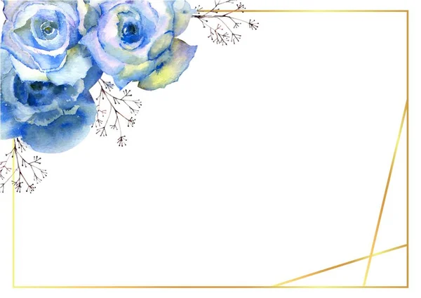 Cadru orizontal cu flori de trandafir albastru și crengi decorative într-un cadru auriu pe un fundal alb izolat. Ilustrație vectorială — Vector de stoc