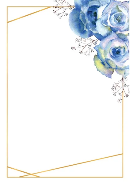 Marco vertical con flores de rosa azul y ramitas decorativas en un marco de oro sobre un fondo blanco aislado. Tarjeta de felicitación decorativa vectorial o invitación, diseño de fondo . — Vector de stock