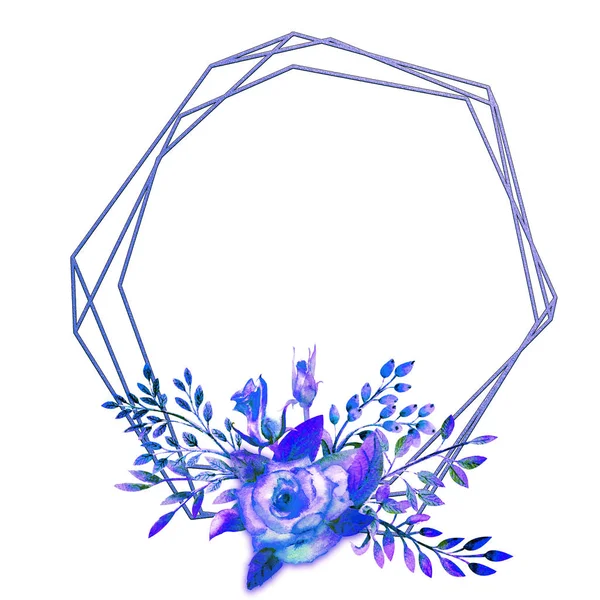 Der geometrische Rahmen ist mit blauen Rosenblüten auf weißem, isoliertem Hintergrund umrahmt. Blumenposter, Einladung. Aquarellkompositionen zur Dekoration von Grußkarten oder Einladungen. — Stockfoto