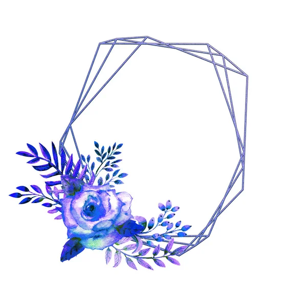 El marco geométrico está enmarcado con flores de rosa azul sobre un fondo blanco aislado. Cartel de flores, invitación. Composiciones de acuarela para la decoración de tarjetas de felicitación o invitaciones . —  Fotos de Stock