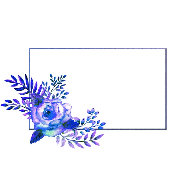 The geometric frame is framed with Blue rose flowers on a white isolated background. Flower poster, invitation. Watercolor compositions for the decoration of greeting cards or invitations. — 스톡 사진