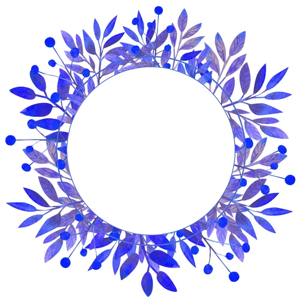 Round frame with blue leaves on white isolated . Watercolor illustration. — 스톡 사진