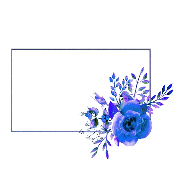 Le cadre géométrique est encadré de fleurs roses bleues sur un fond isolé blanc. Affiche de fleurs, invitation. Compositions aquarelles pour la décoration de cartes de vœux ou d'invitations . — Photo